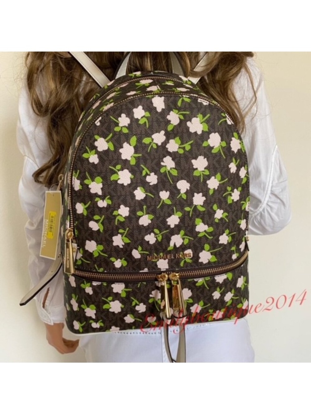NWT Michael Kors Retail Rhea Zip Signature Rose Flowers Print Bag Backpack - Picture 7 of 9